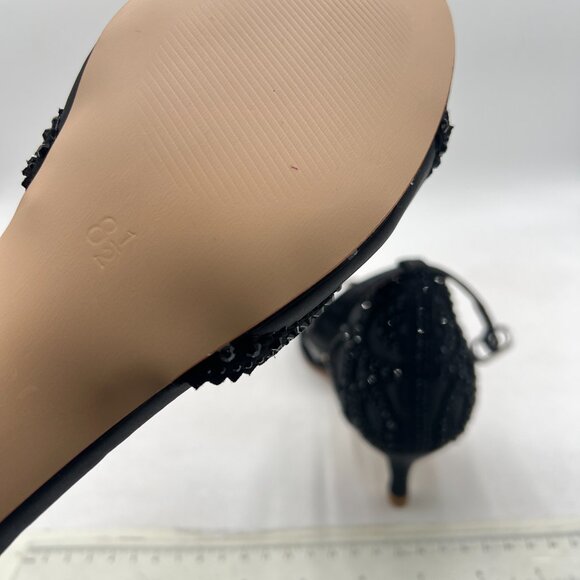 XYD Black Open Toe Rhinestones Ankle Strap Sandals Low Heel Bridal Evening Shoes - Picture 6 of 8